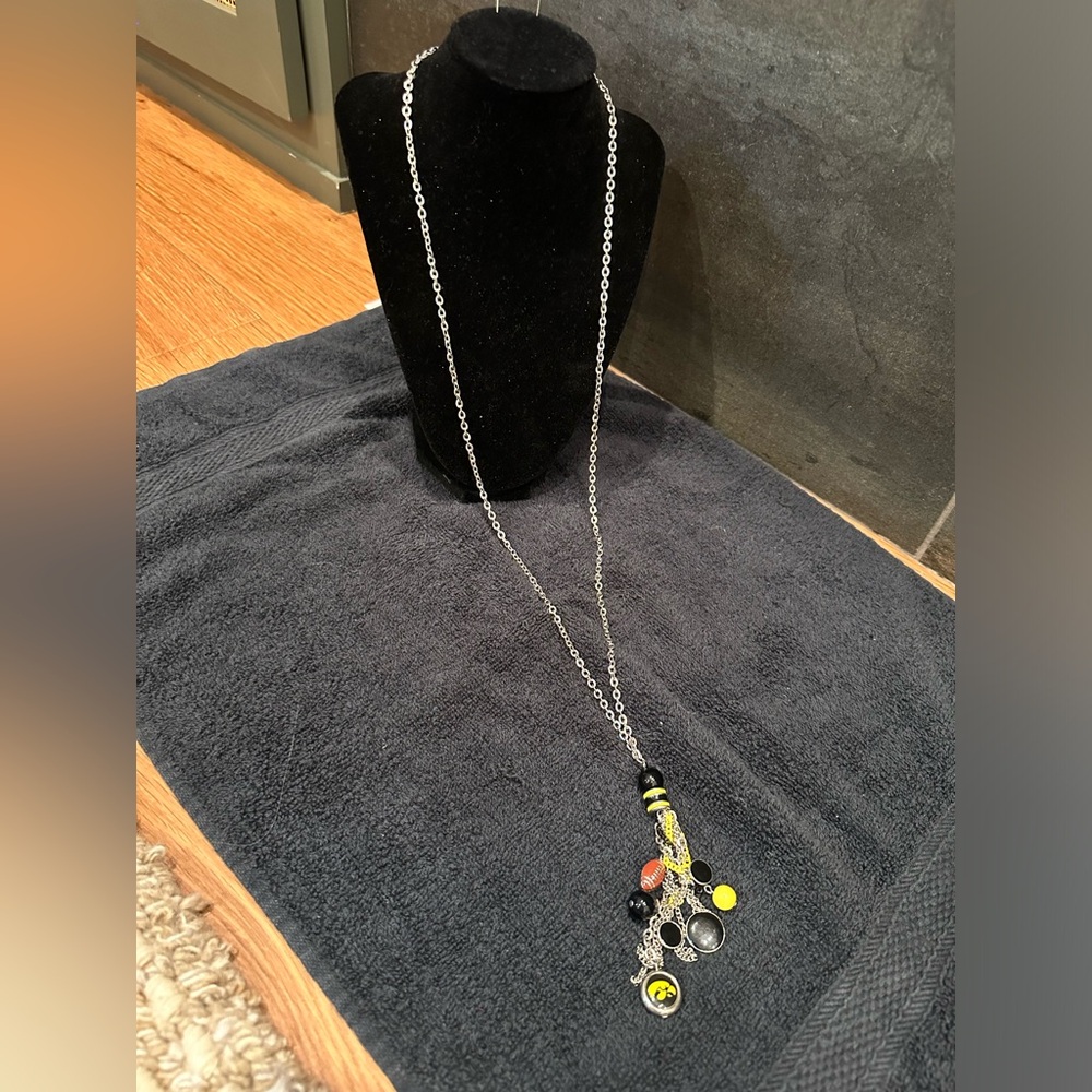 ^ Accessory Plays Long (36-39 inches) Necklace with cluster of Iowa Hawkeye Dang